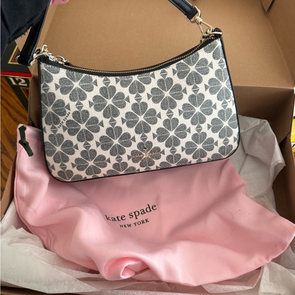 kate spade Black & White Floral Print Shoulder Bag with Gold Hardware